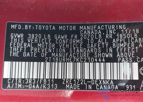 2019 Toyota Corolla Le z USA, uszkodzony, nr VIN 2T1BURHE7KC210444